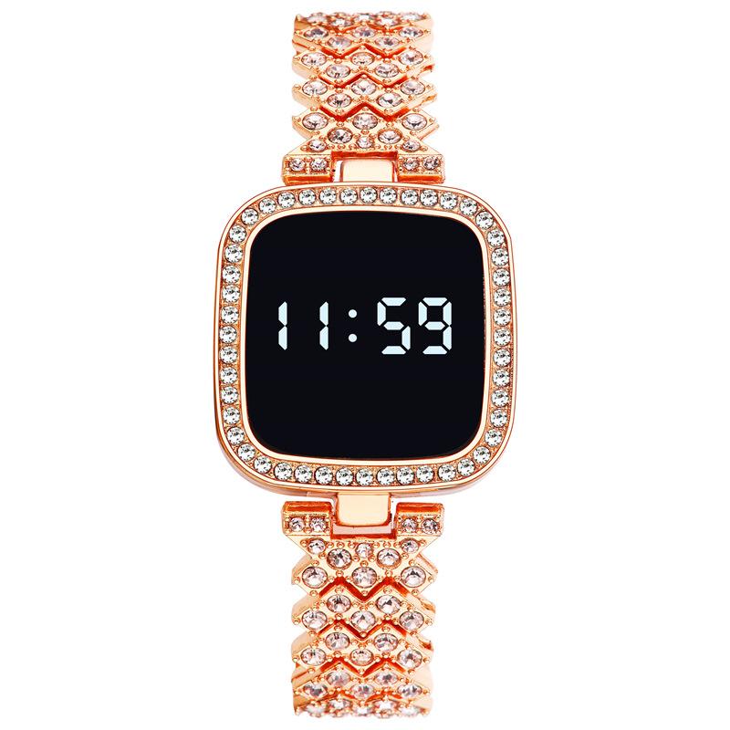 

Женские светодиодные часы со стразами, стальной ремешок, сенсорные наручные часы, спортивные повседневные электронные часы розового золота