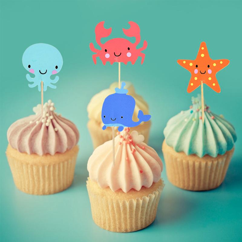 24pcs Ocean Animal Cupcake Toppers Under the Sea Party Cake Flags Boy Baby Shower Mermaid Theme Birthday Party Cake Decorations