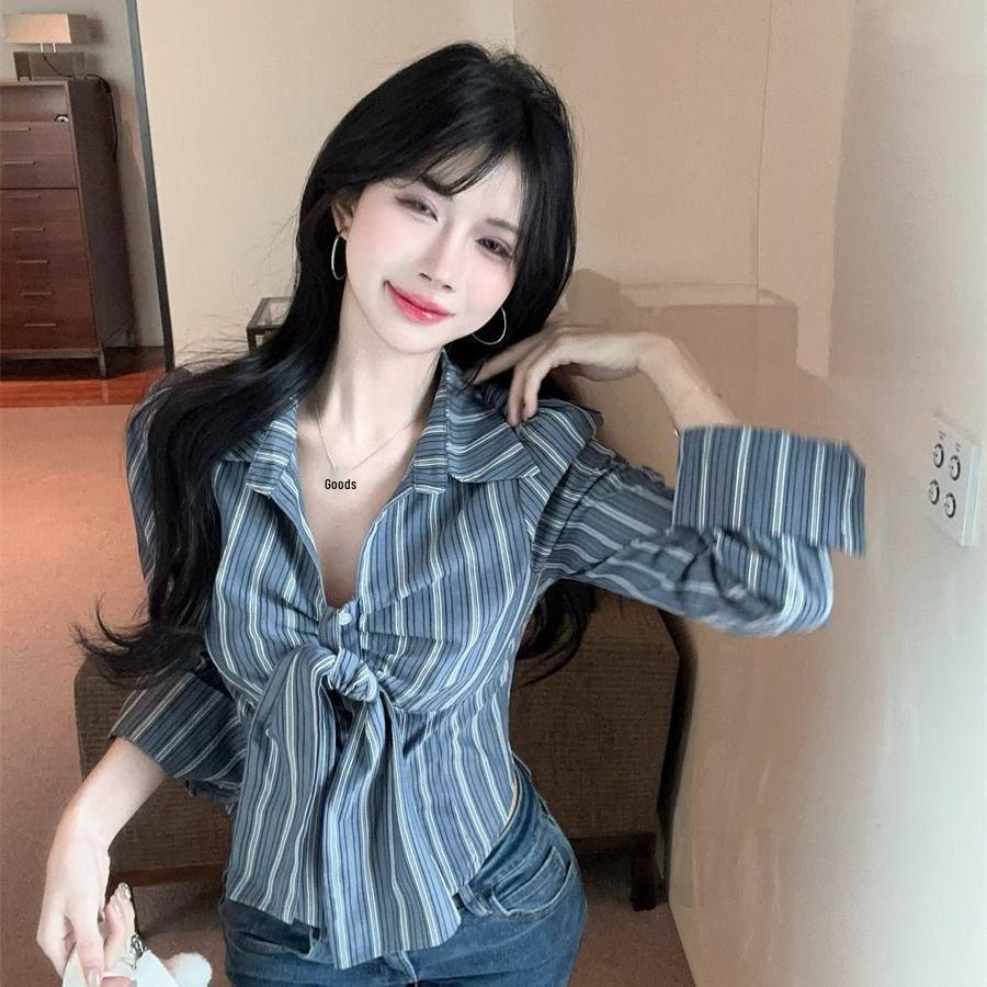 French Chic V-Neck Bow Tie Waist-Cinching Long Sleeve Top for Women L fits 52.5-57.5 kg