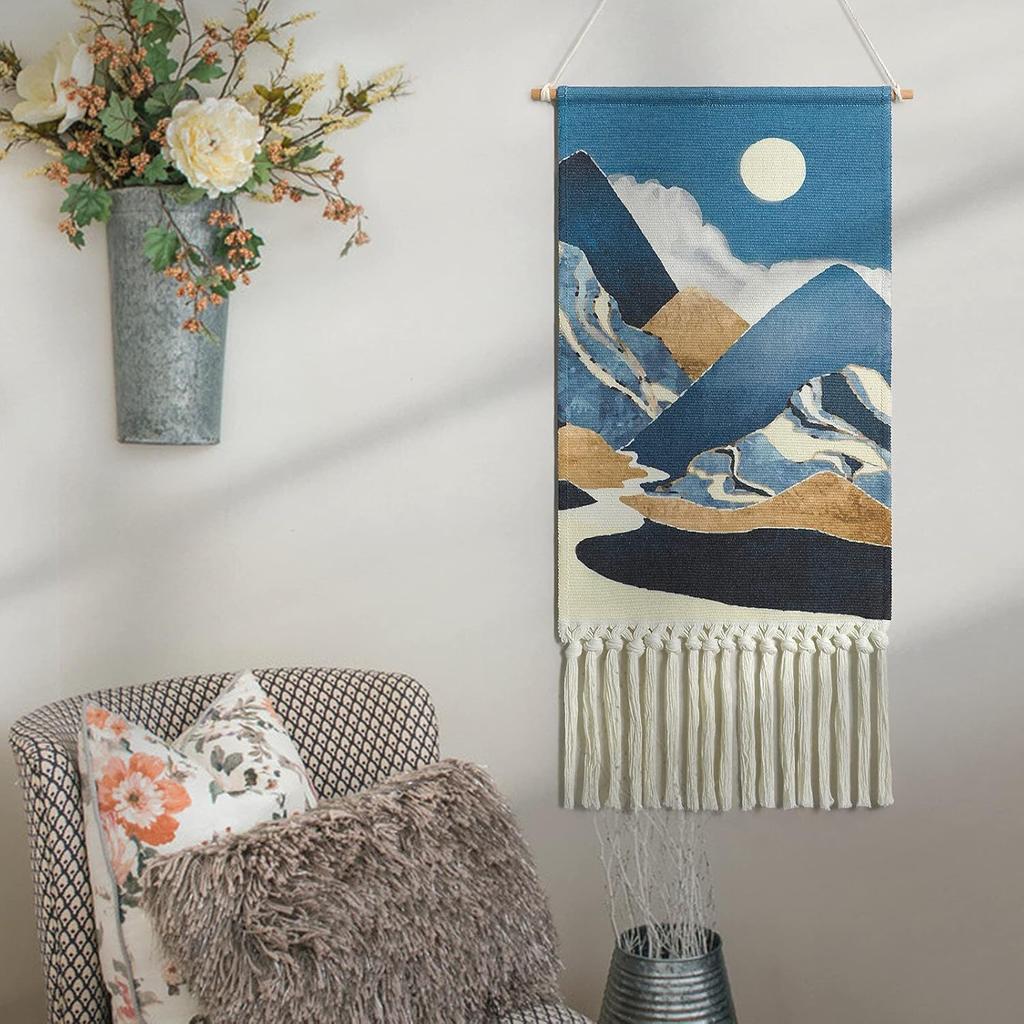 Alynsehom Macrame Woven Wall Hanging Tapestry Boho Wall Art Moon Mountain Chic Home Decor Bohemian Aztec Apartment Dorm Room Backdrop Decoration