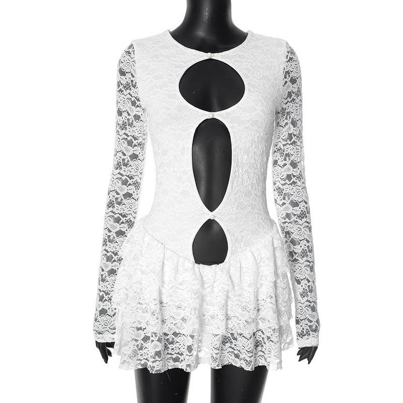 

Elsa European and American Women clothes Summer New Sexy Holiday Style Hollow Lace Long sleeve Frill Sheath Dress Women White S
