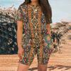Women Plus Size Green Printed Round Neck Short Sleeve Top Fitted Shorts Two Piece Set