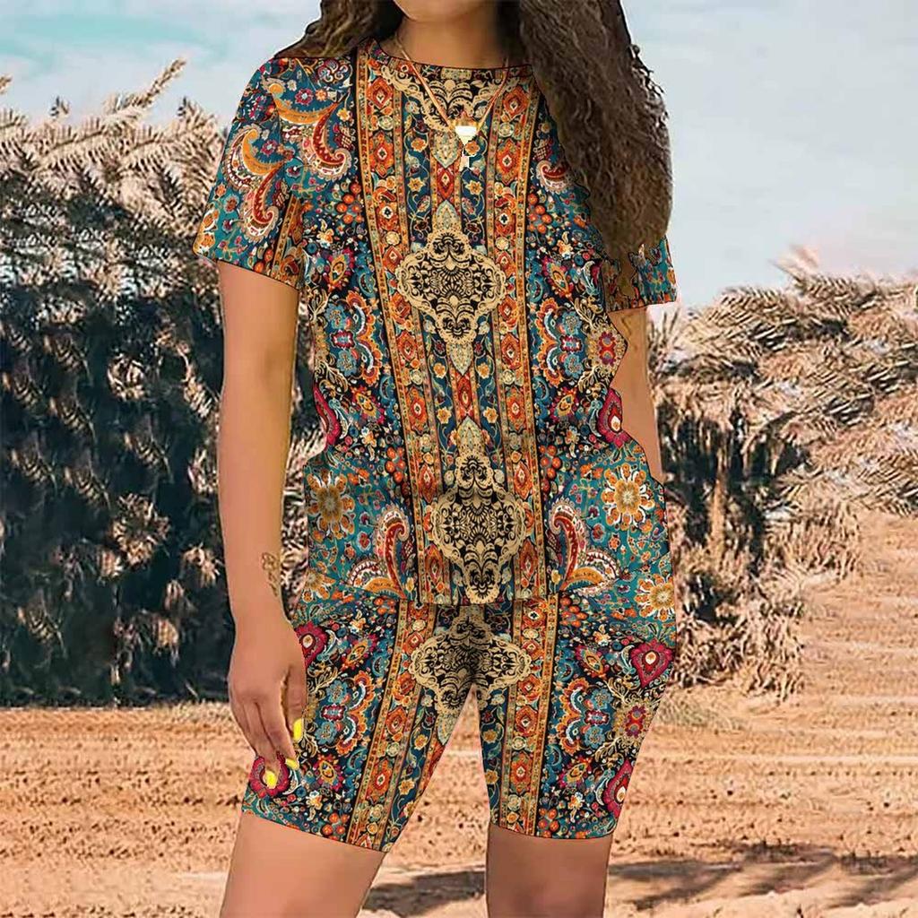 Women Plus Size Green Printed Round Neck Short Sleeve Top Fitted Shorts Two Piece Set