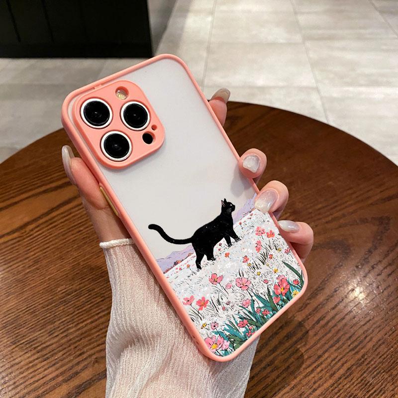 Black Cat Landscape Phone Case For iPhone 16 17 Pro Max 15 14 Pro Max Plus 13 12 Mini 11 Pro Max Cartoon Shockproof Back Covers