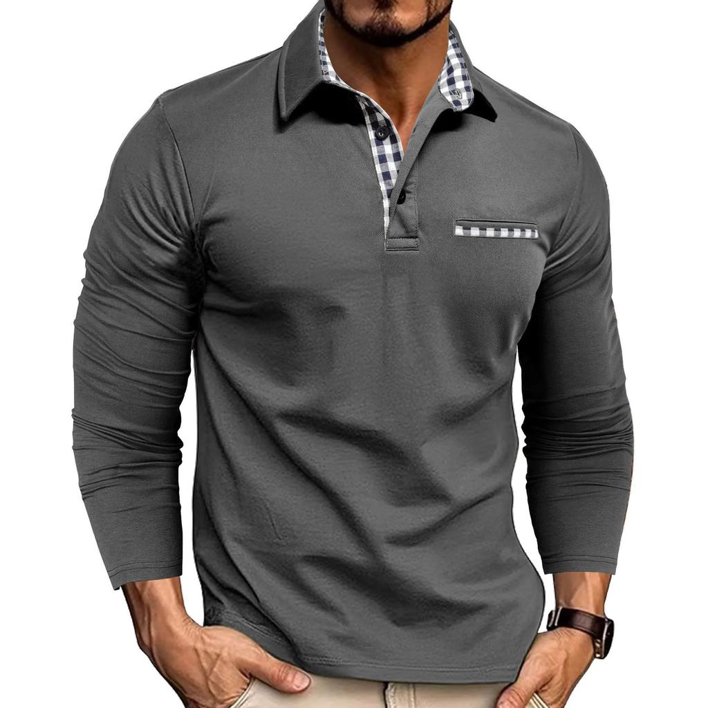 Camisa Polo de Manga Larga con Ribete a Cuadros, Elegante Top Casual para Hombre