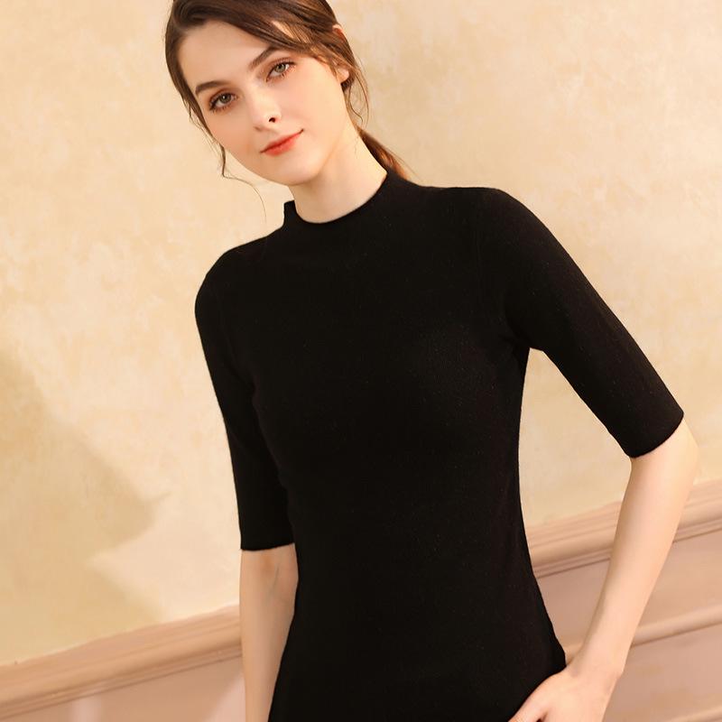 2021 Spring Knitted Half-High Neck Slim Pullover with Five-Point Sleeves