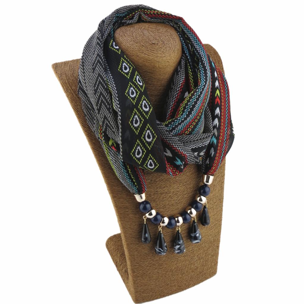 Vibrant Chiffon Infinity Scarf with Ethnic Print & Beaded Tassel Necklace – Women’s Boho Fashion Accessory