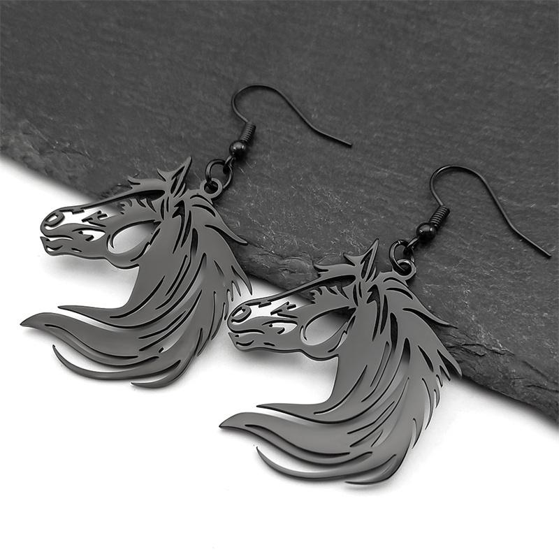 Pferdekopf Hängeohrringe für Damen Herren Edelstahl Silber Schwarz Farbe Pony Tierliebhaber Ohrhänger Schmuck