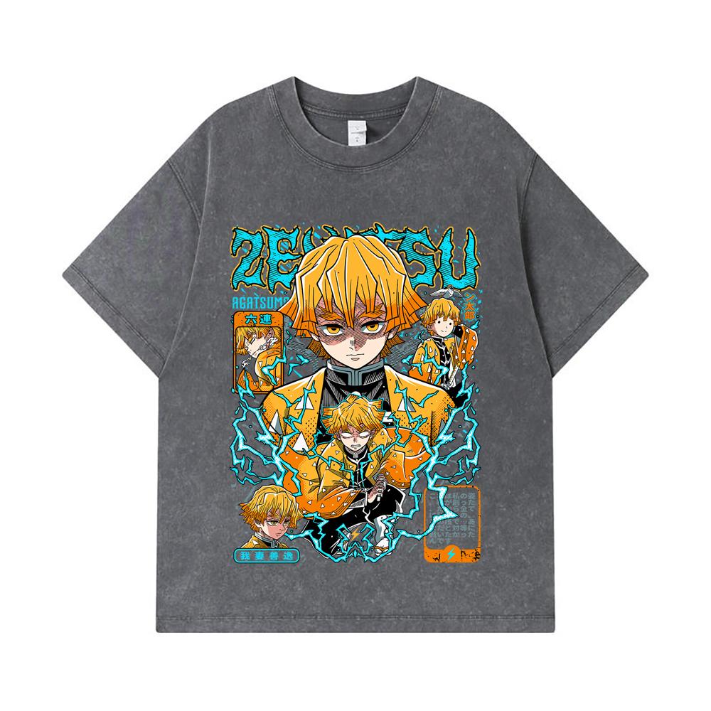 275 GSM Gewaschene T-Shirts 100% Baumwolle Demon Slayer V100 Zenitsu Print Unisex Schweres Baumwoll-T-Shirt