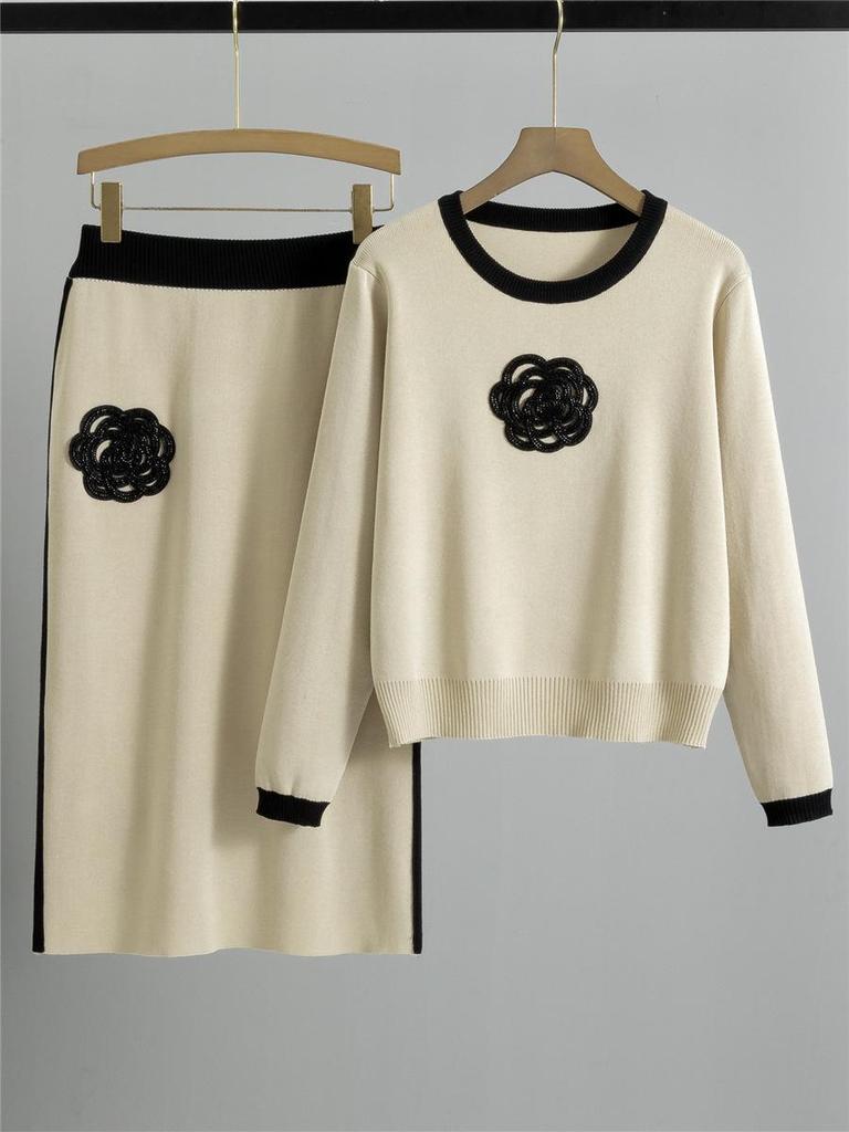 Damen Koreanisches Kamelien Strickwaren Set: Elegantes Rundhals-Oberteil & Bodycon-Rock Zweiteiler