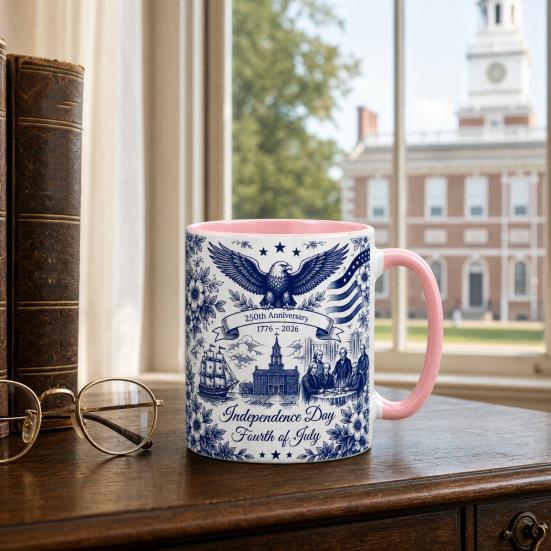 Yousheng USA 250th Anniversary Blue Mug, Patriotic Ceramic Coffee Cup with Eagle Flag Design, Independence Day Gift for Veterans Men Women