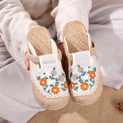 Women's Platform Office Bag Head Slippers Can Be Worn Outside Ethnic Style Old Beijing Cloth Shoes Linen Embroidery Lazy Pedal