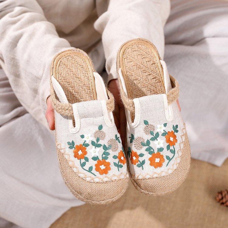 Women's platform office bag head slippers can be worn outside ethnic style old Beijing cloth shoes linen embroidery lazy pedal