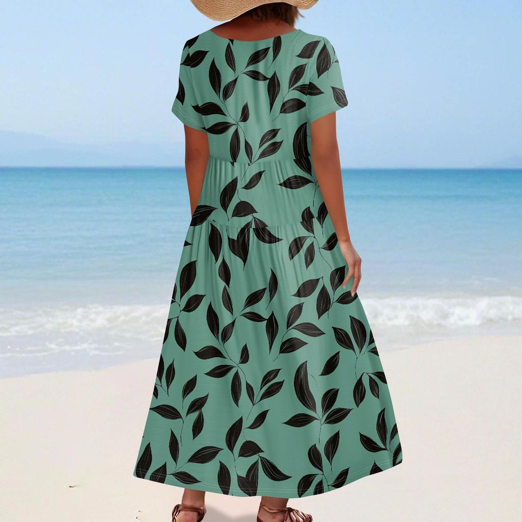 Damen Sommer Casual Blumendruck Kurzarm O-Ausschnitt Hohe Taille A-Linie Stufen Fließendes Boho Maxikleid