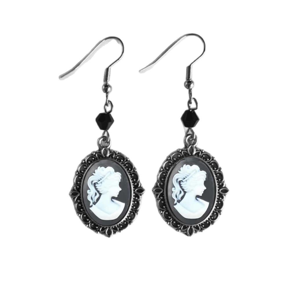 Gothic Retro Oval Filigree Frame Cameo Lady Profile Dangle Earrings for Women Victorian Drop Earring Jewelry Party Wedding Gift