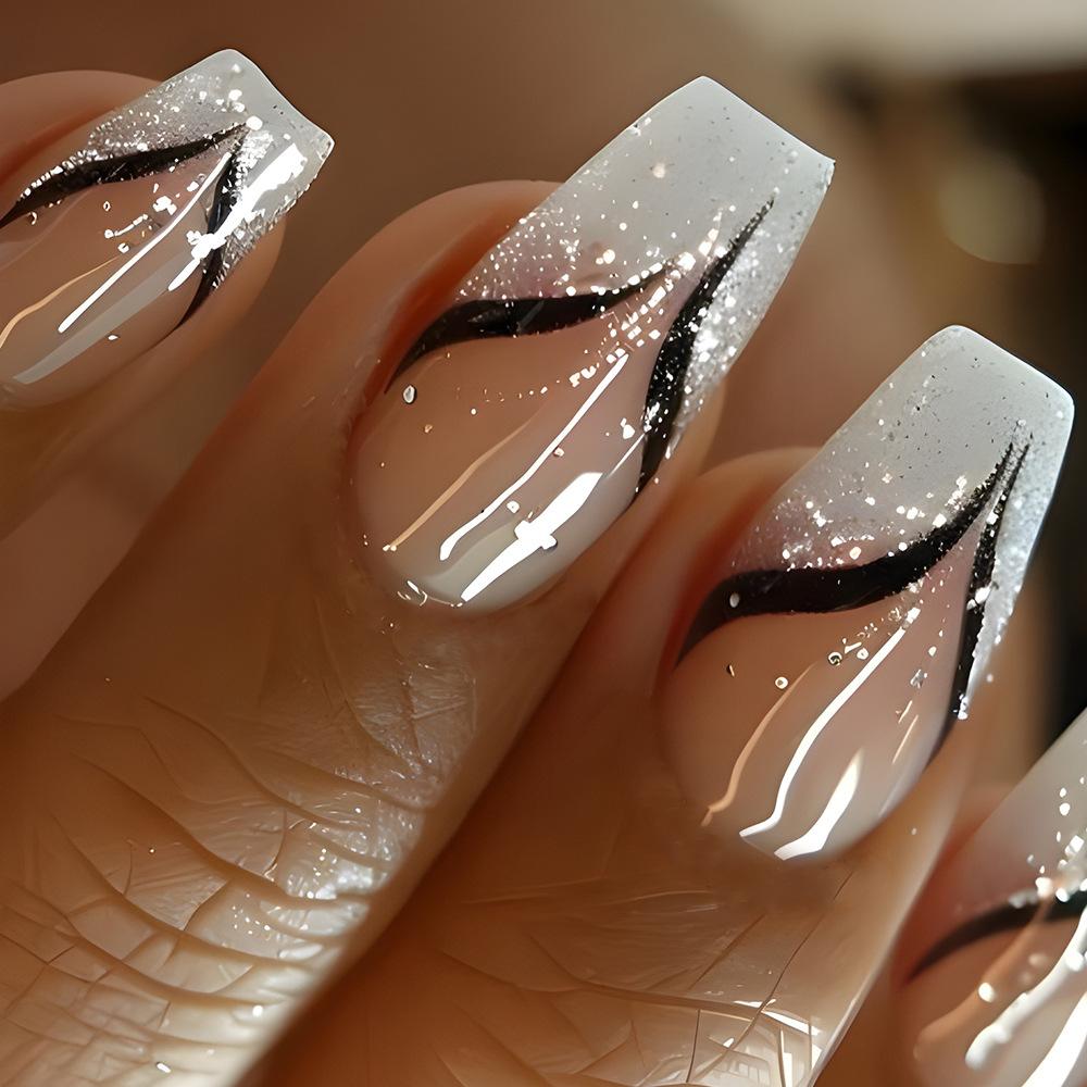 24 pz/set Quick Nails Glitter Bianco Gradiente Nail Art French Unghie Indossabili Adesivi per Unghie Rimovibili Impermeabili Unghie Finte