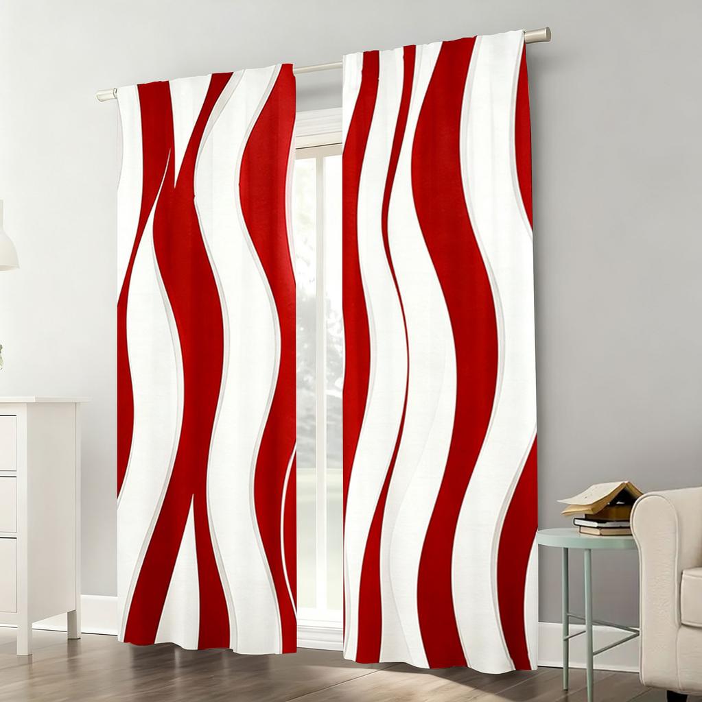 2PC Red & White Wavy Stripe Curtains - Modern Abstract 3D Print Window Drapes for Living Room Bedroom Decor