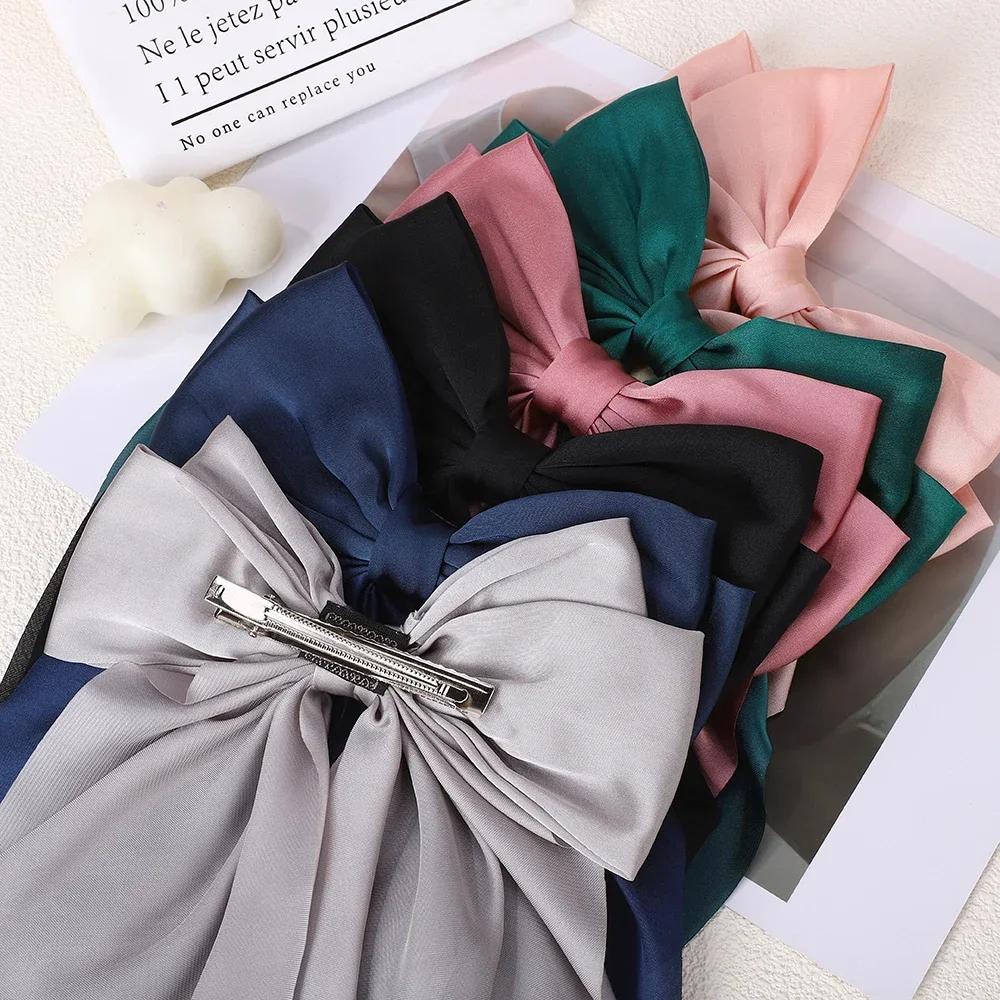 3Styles Girls Long Big Bow Float Satin Clips Back Head Hair Clip Wine Red with The Same Temperament Elegant Hair Accessories