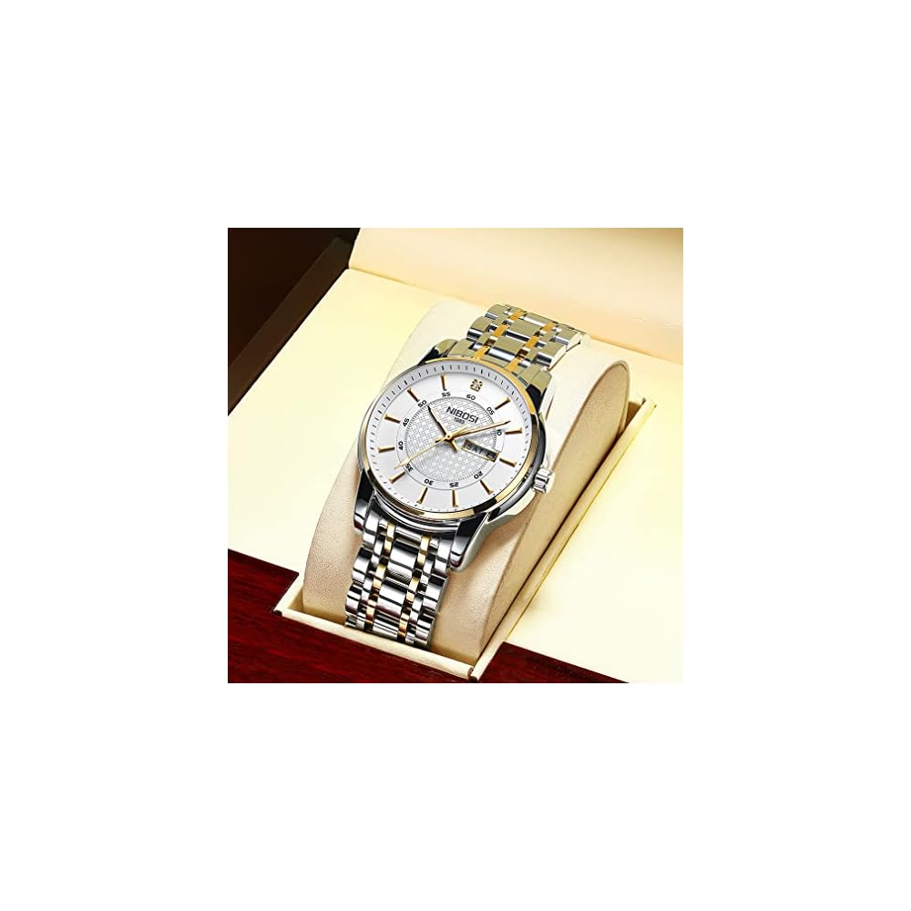 Nibosi Men's Classic Analog Watch Stainless Steel Waterproof Casual Date Display Metal Band White