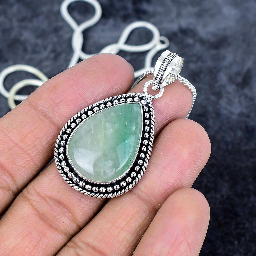 Green Apatite Gemstone Handmade 925 Sterling Silver Jewelry Pendant 1.93" M-2959