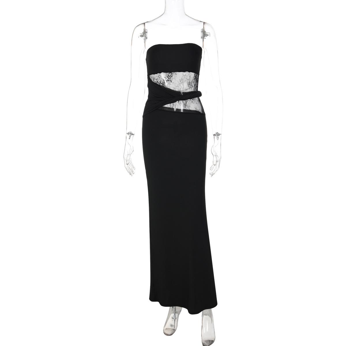 Women European Style Sexy Slim Fit Lace Spliced Strapless Solid Long Dress S