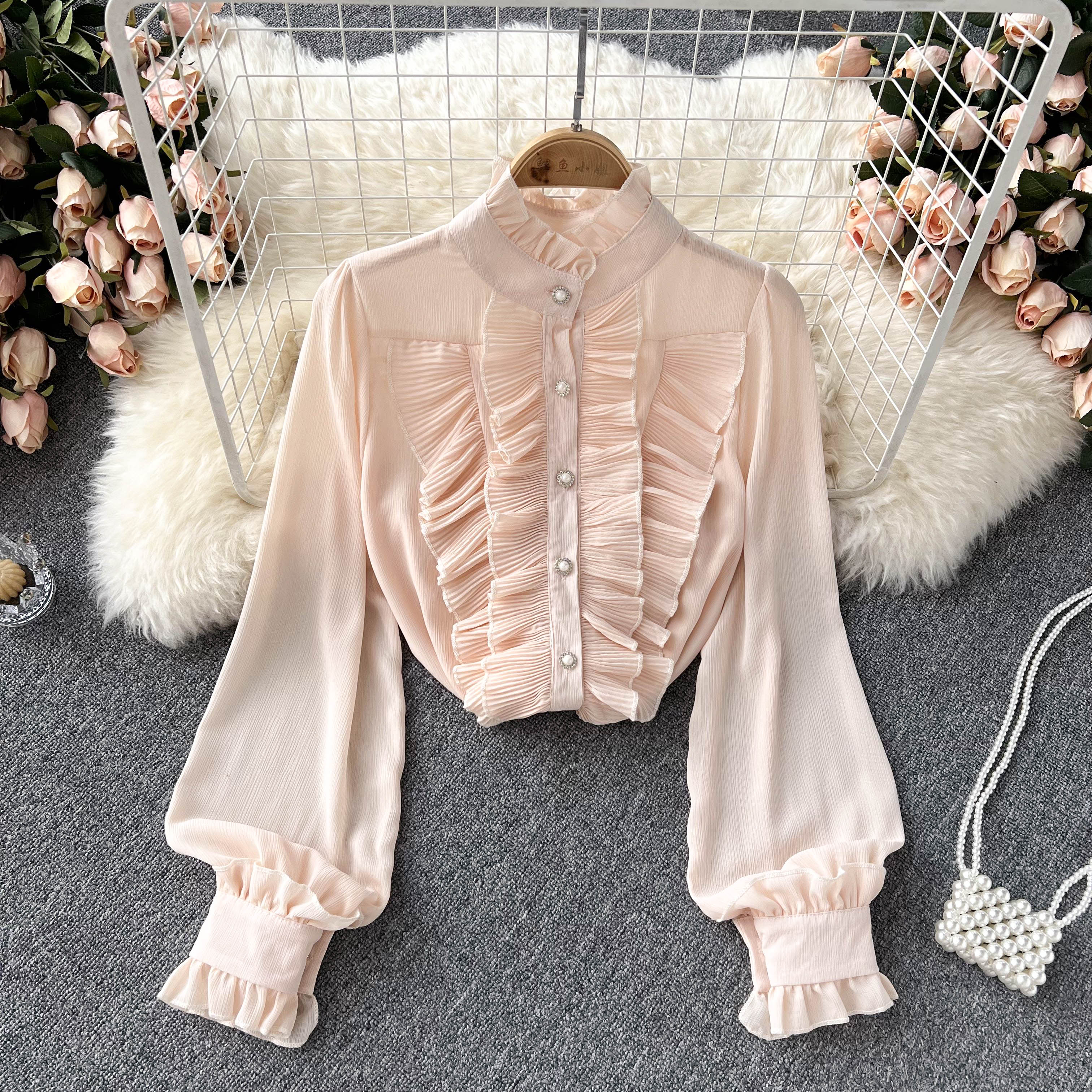 

RUGOD Шифоновая рубашка женская тяжелая промышленность обжатая двойными рюшами облегающий и универсальный женский топ с длинными рукавами