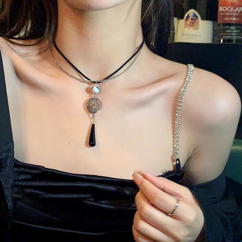 Chinese Style Hand-woven Water Drop Round Necklace Antique Collarbone Chain Personality Internet Celebrity with the Same Item Women