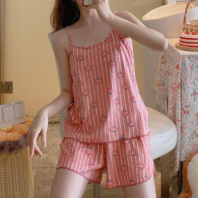 2Pcs/Set Cartoon Print Pajama Set O-Neck Sleeveless Backless Elastic Waistband Sling Vest Wide Leg Shorts Sleepwear Set