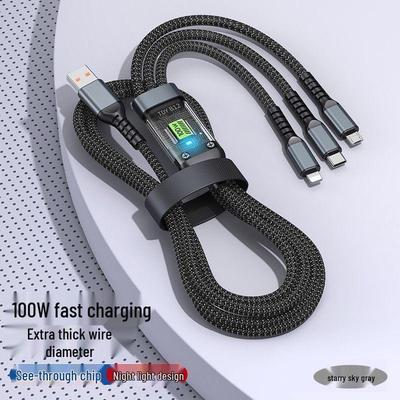 100W 3-in-1 Schnellladekabel mit transparentem Display für Apple, Huawei, Android