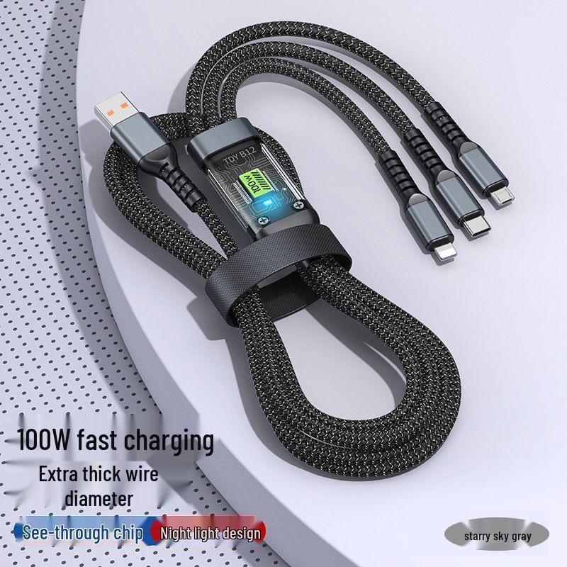 100W 3-in-1 Fast Charging Cable with Transparent Display for Apple, Huawei, Android