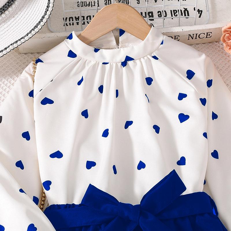 Spring Heart Print Long-Sleeve Set for Girls, European & American Style, Ages 7-12