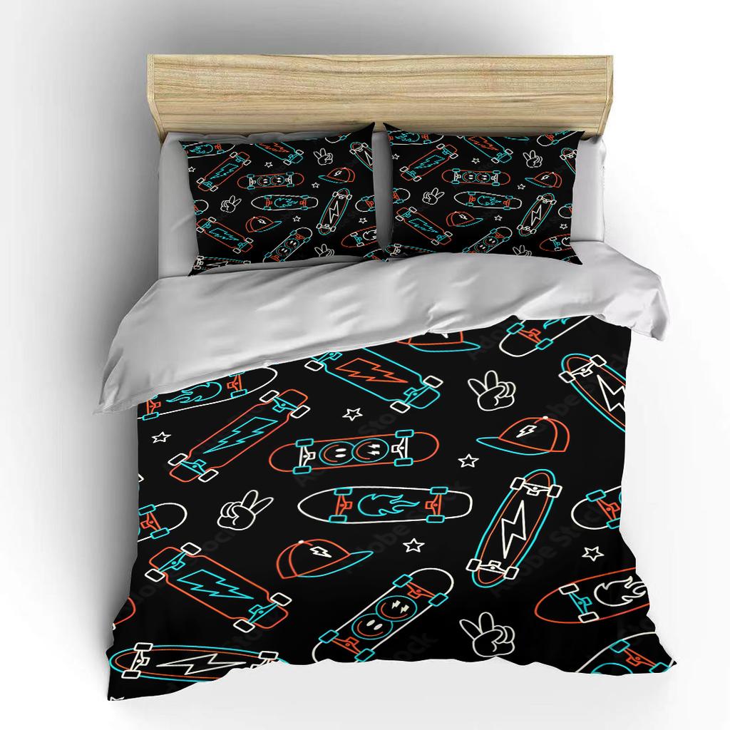Skateboards and Lightning Pattern Bedding Set for Kids Luxury Gift 3pcs Digital Print Comforter Set Soft Comfortable Breathable