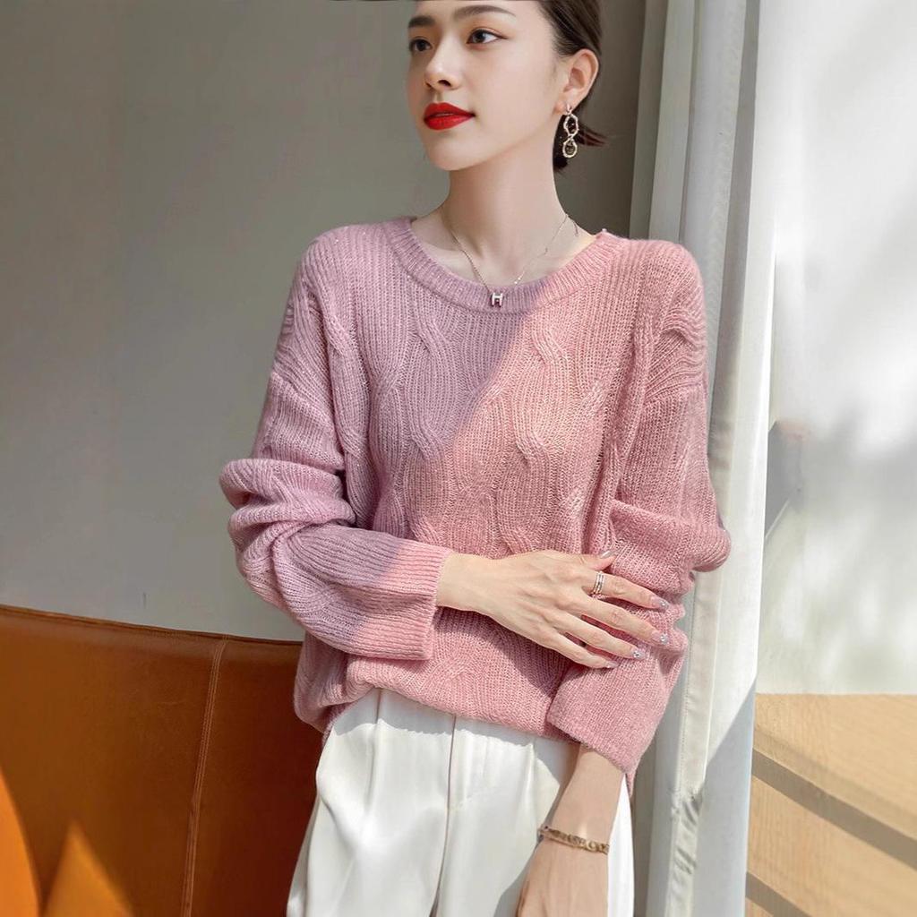 Women's Round Neck Chunky Knit Cashmere Sweater with Sequins, Long Sleeve Fashionable Top for Autumn & Winter