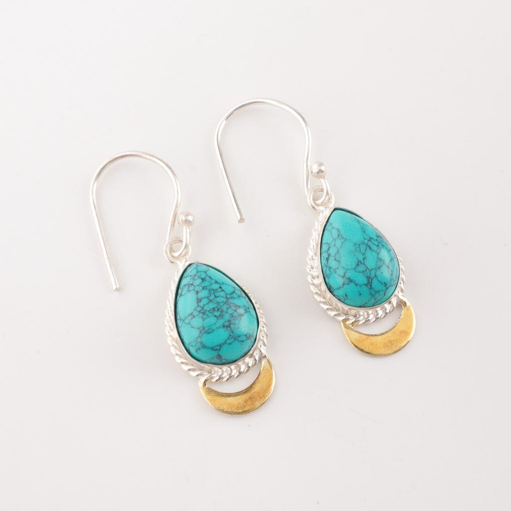 Blue Turquoise Gemstone 925 Stamped Silver Handmade Jewelry Dainty Earrings 1.5" EE-162-32