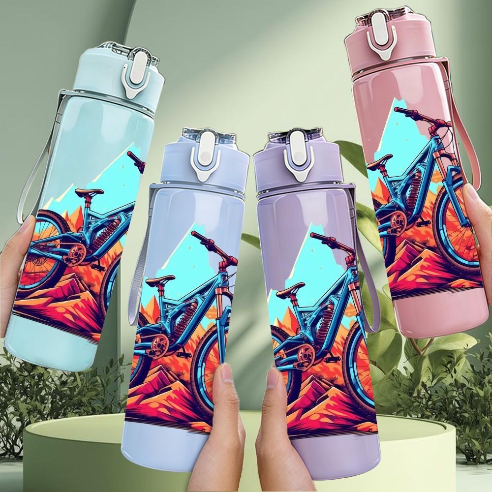 1PC Mountain Bicycle Outdoor Cycling Print 750ml Color Plastic Sports Water Bottle Leakproof Flip Straw Lid Suitable for Sports Office Home Use