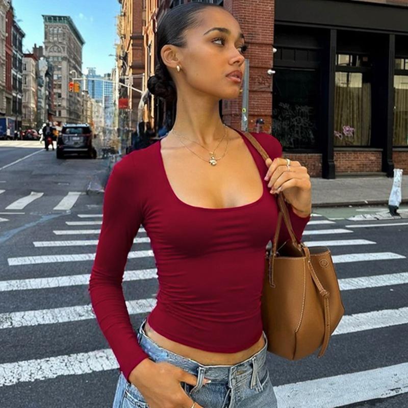 European and American ins style women's clothing autumn new solid color U-neck long-sleeved slim-fit bottoming shirt T-shirt top