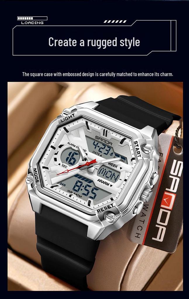 Sanda Men's Multifunctional Waterproof Electronic Watch - Trendy Timer with Dual Display & Three-Time Zone Outdoor Alarm.
