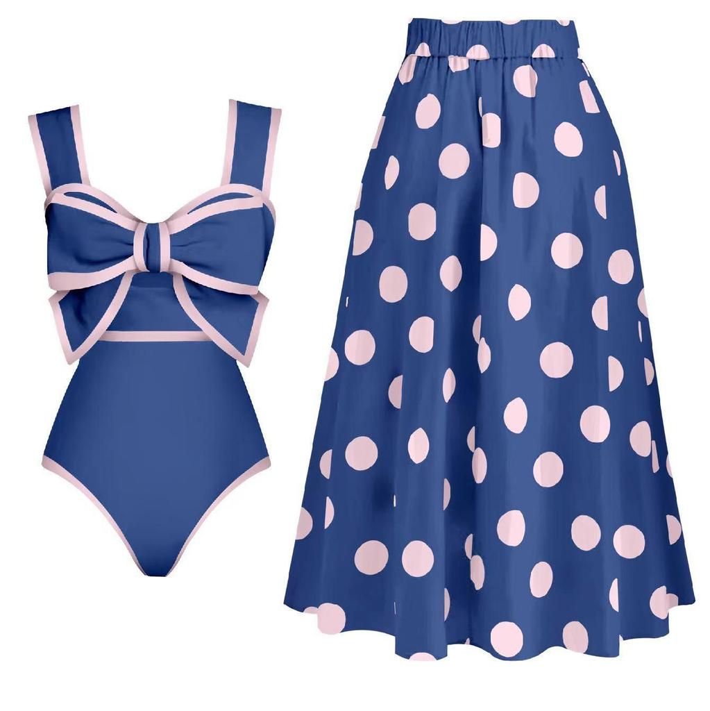 Südostasiatischer Retro-Jumpsuit mit Schleife: Bauchbedeckender, Schlankmachender Badeanzug mit Rock-Stil für den Strand.