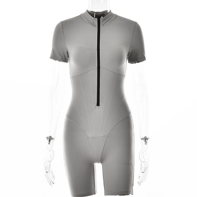 

Fashion Sexy Zipper Jumpsuit Bottoming Shirt Sexy Short Sleeve Zippered Jumpsuit Grey S