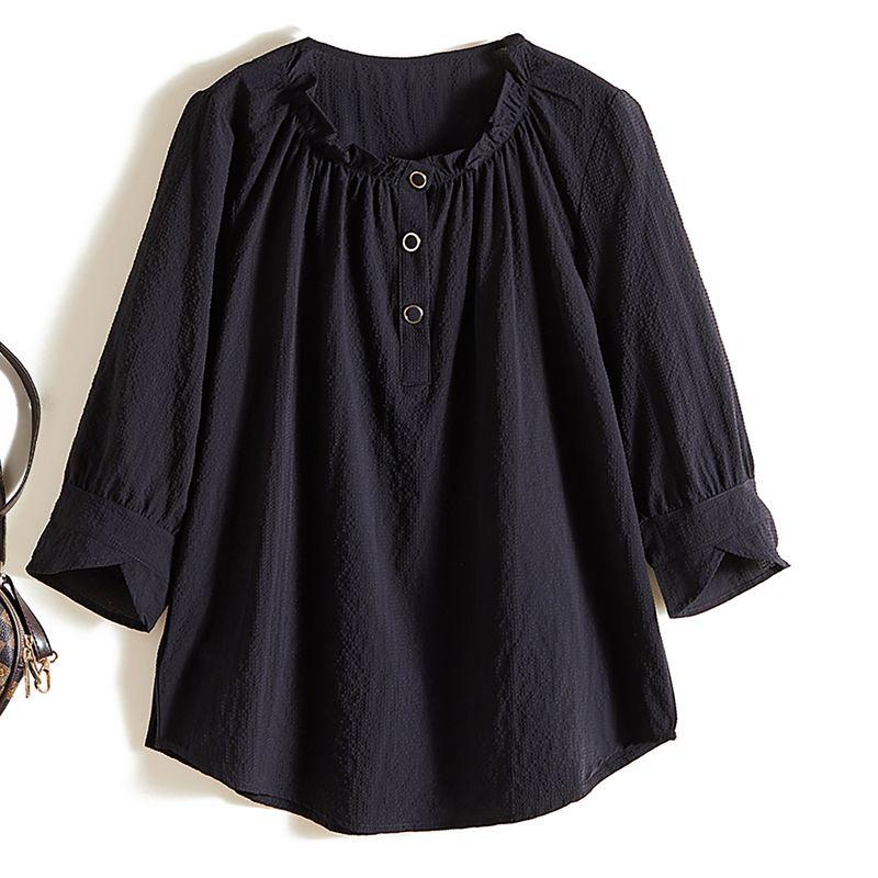 

Wooden Ear Collar! Light Polyester Cotton Three-Quarter Sleeve Small A- line Navy Blue Shirt Wenjing Women s Summer Dark Cell T-shirt Dark blue 4XL