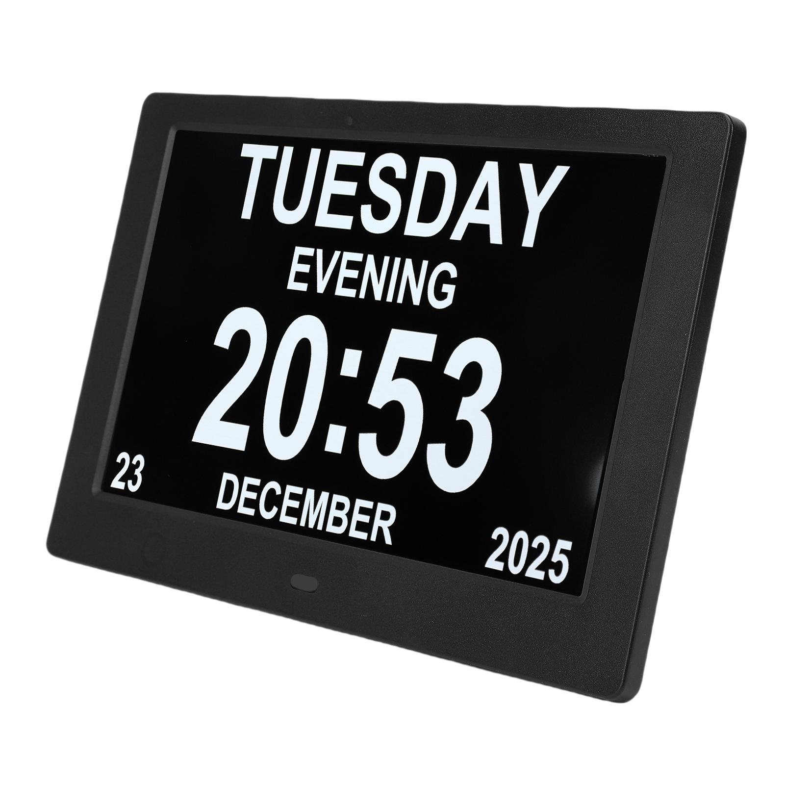 

Digital Calendar Clock 8in Large Display Date Time with Reminders Day Night Dimmable Key Remote Control Desk Wall