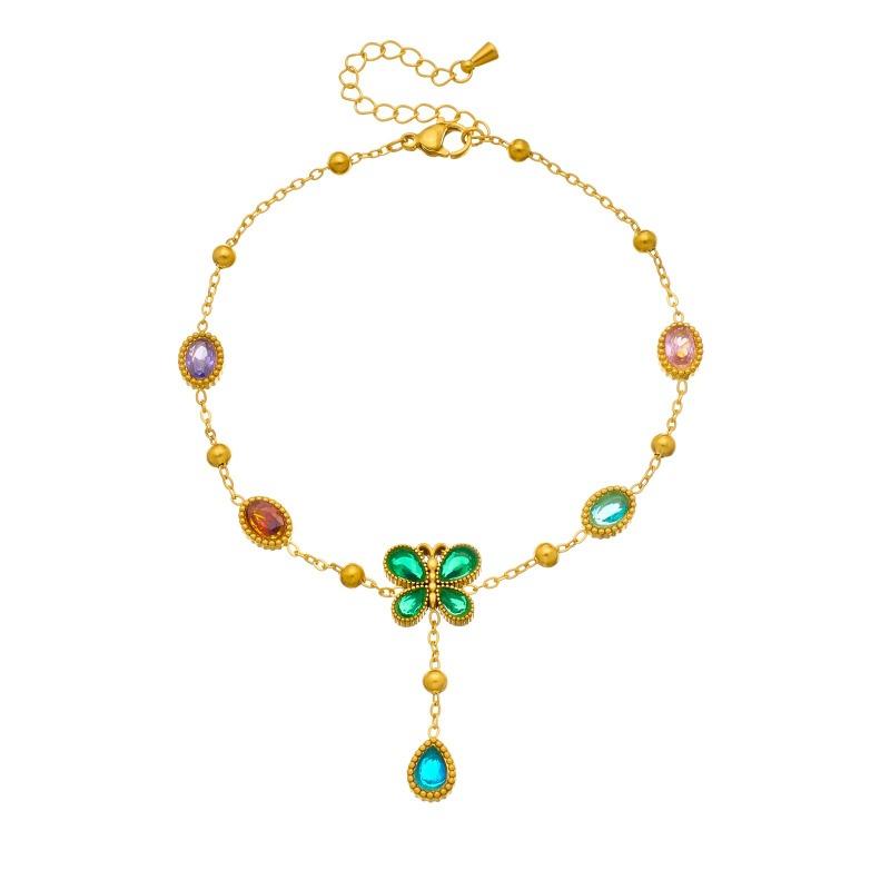 Gold Plated Stainless Steel Colorful Crystal Butterfly Charm Anklet for Women