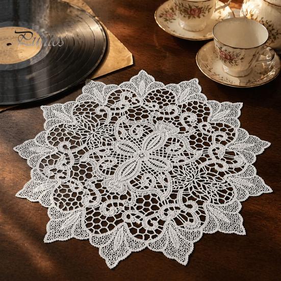 Elegante Spitzengedeckunterlagen Rund Weißes Deckchen, Retro-Gedeckunterlage, Bestickte Tischmatte, Florale Topper-Deckchen für Hochzeit Junggesellinnenabschied Esstischdekoration