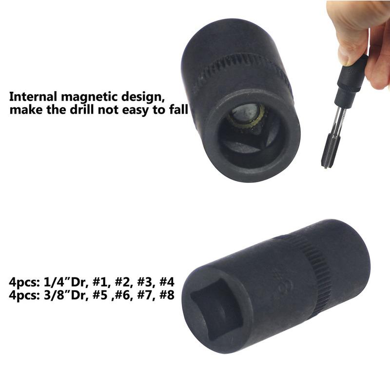 8Pcs Tap Socket Set Combining 1/4"D & 3/8"D Sockets for Driving Thread Cutting Taps From 1.5mm to 12mm