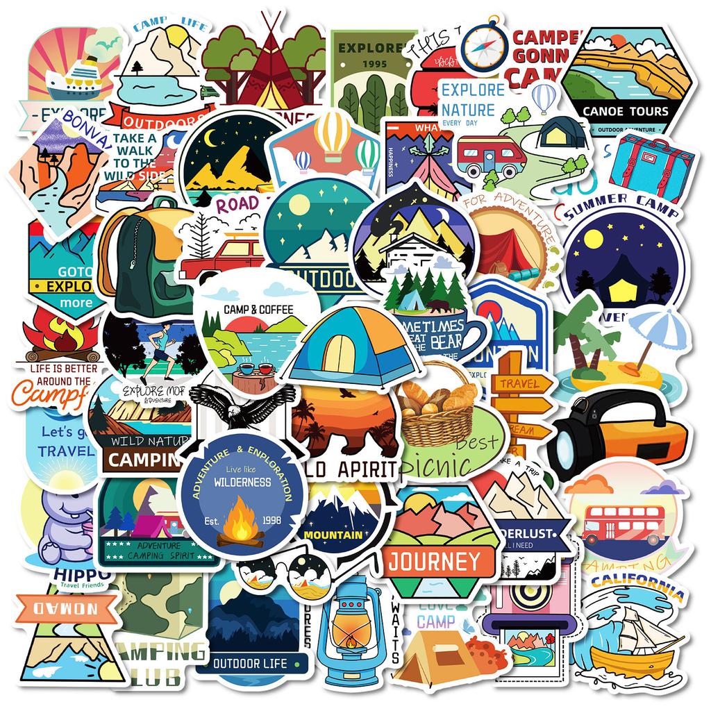 50 Neue Outdoor Camping Thema Aufkleber Wasserbecher Zelt Landschaft Ohne Wiederholte Dekorationsaufkleber