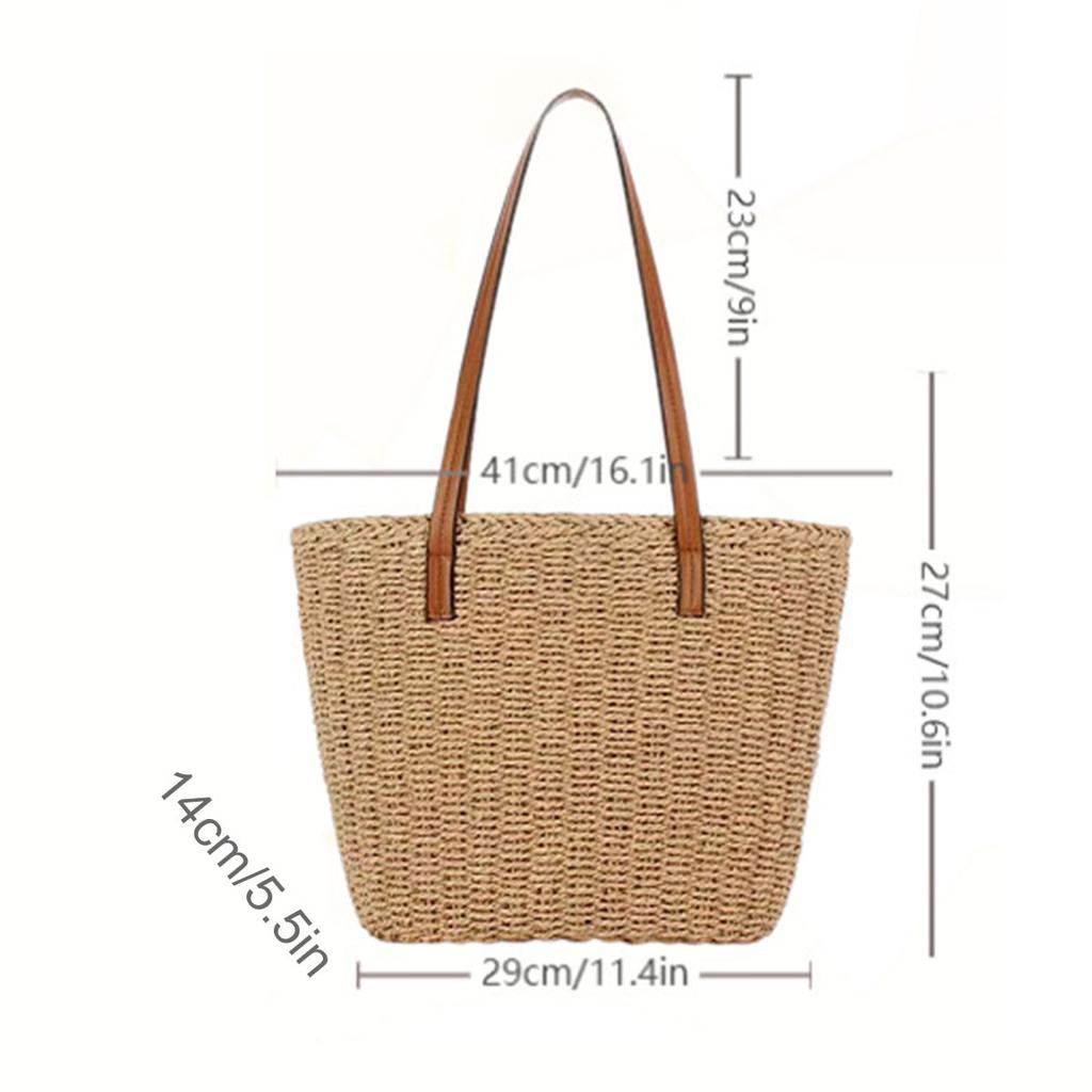 Grass Weave Tote Bag for Women Fashion Straw Bag with PU Leather Large Capacity Shoulder Crossbody Beach Handbag Summer Vacation