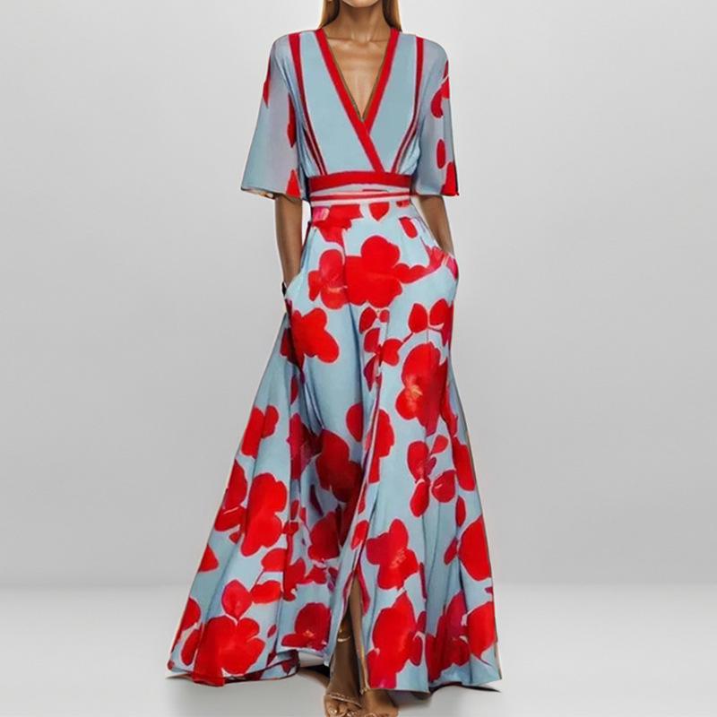 

2026 Elegant V-Neck Printed Ruched Maxi Dress for Women XL
