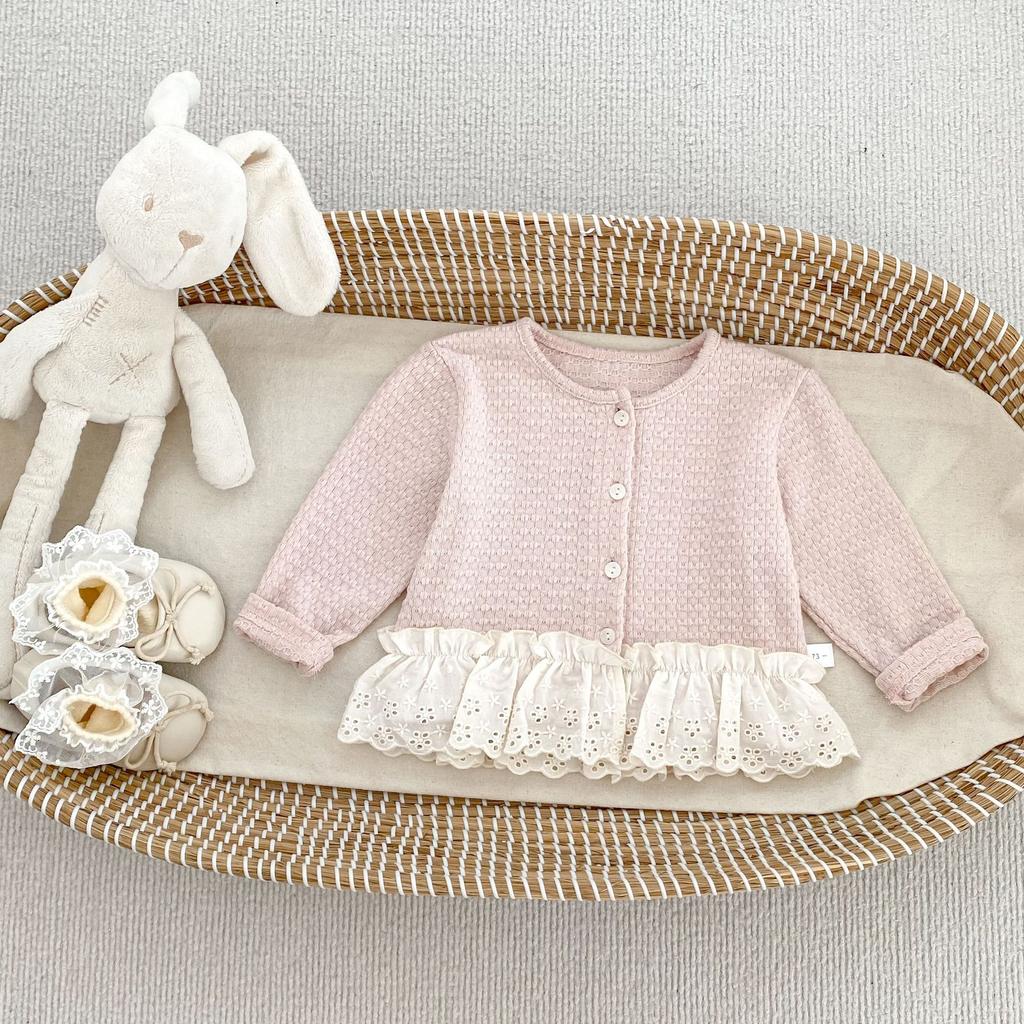 Trendy Baby Girl Lace Spliced Jacquard Cardigan Long Sleeve Knit Coat Stylish Outerwear