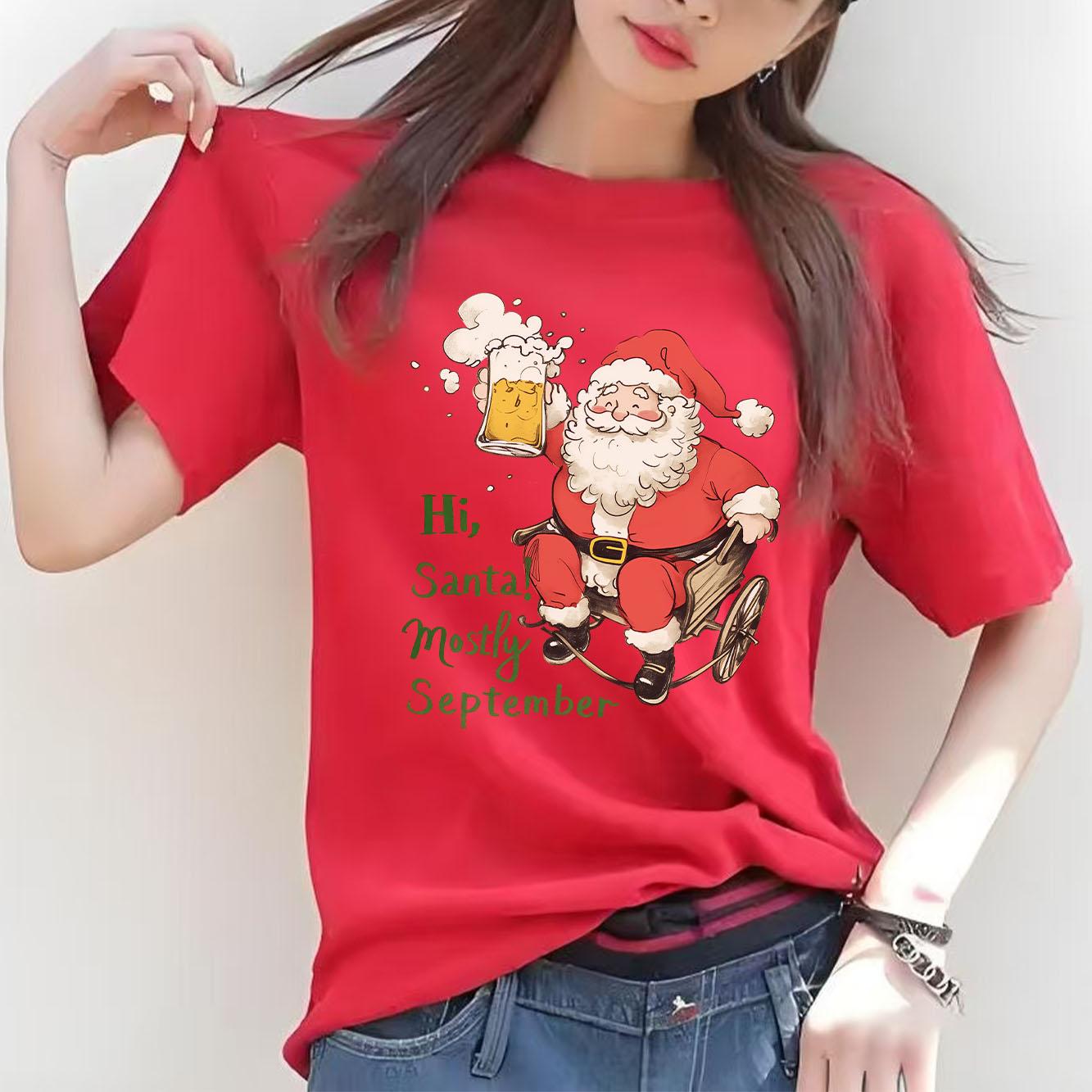 Merry Christmas Santa Claus Cheers Beer Fun Printed Pattern Tshirt Short Sleeve Round Neck Versatile Womens Tshirt S