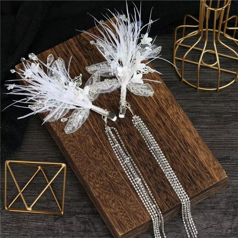 New feather hairpin fairy beauty bridal crystal soft pottery tassel headdress, high-end styling headwear